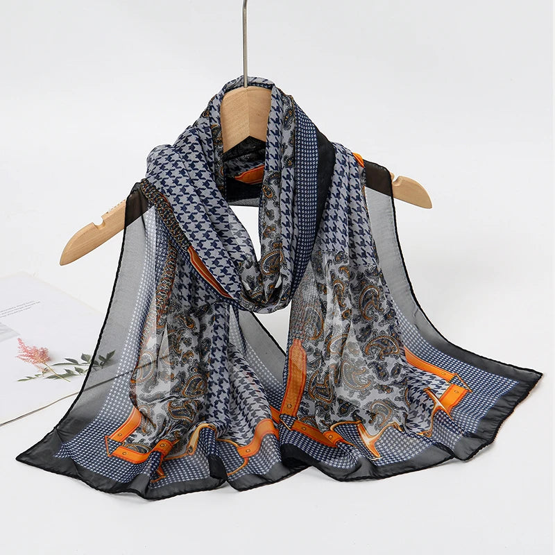 Women's Printed Chiffon Scarf Shawl – Lightweight Silk-Feel Long Wrap for Beach, Travel & Outdoor Wear, Fashion Headband Accessory