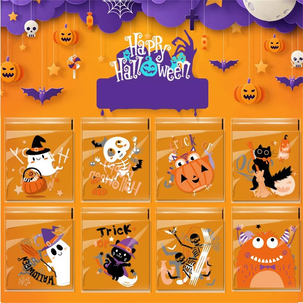 100PCS Halloween Candy Bags, Plastic Gift Packaging Bags with Ghost Pumpkin and Spider Prints, Trick or Treat Goodie Bags, Halloween Party Favors and Decorations