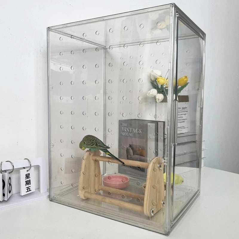 360° Clear View Acrylic Bird Cage – Splash-Proof Parrot Enclosure for Cockatiels & Mynah Birds, Easy-Clean Aviary Pet Supplies