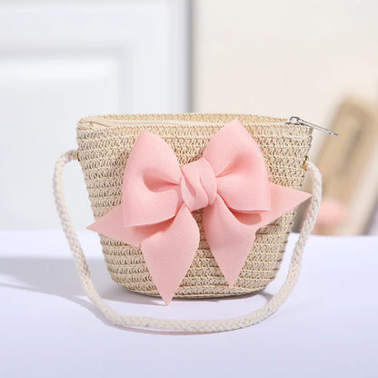 Bolso cruzado de paja con lazo rosa para niñas, cartera de mensajero tejida de princesa para niños con cremallera