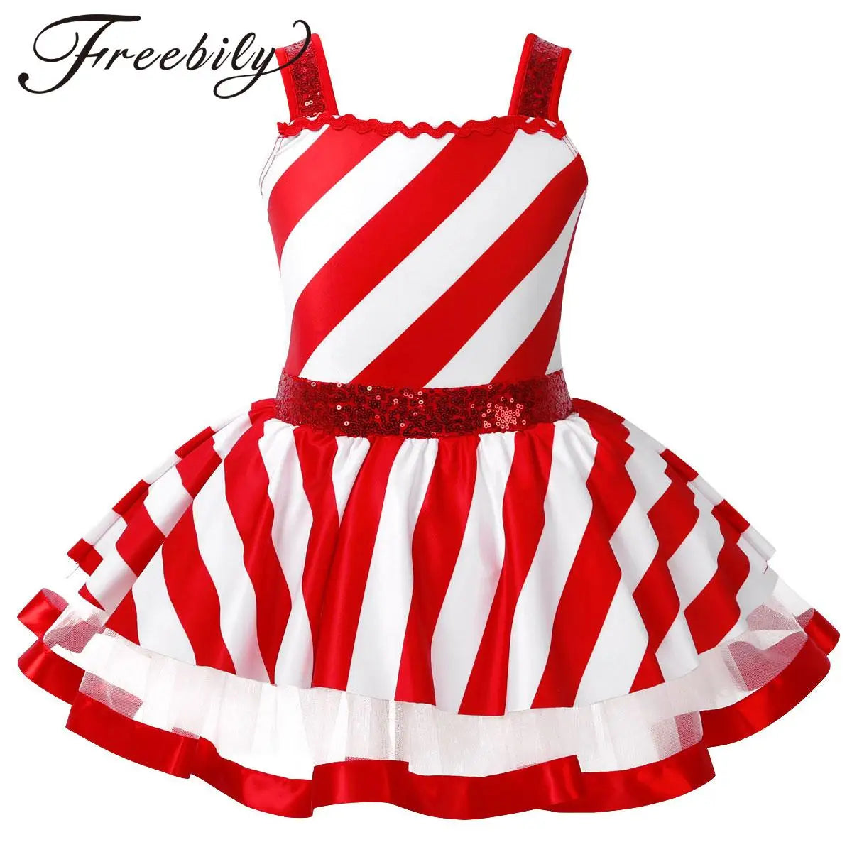 Girls' Christmas Candy Cane Costume Dress, Red and White Striped Sequin Mesh Tutu Leotard for Ballet, Skating, Dance, Carnival, Circus and Holiday Parties