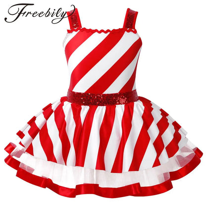 Girls' Christmas Candy Cane Costume Dress, Red and White Striped Sequin Mesh Tutu Leotard for Ballet, Skating, Dance, Carnival, Circus and Holiday Parties