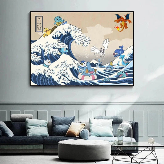 Cuadro de lienzo Pokémon Pikachu Gran Ola de Kanagawa – Póster de cómic de anime para decoración del hogar