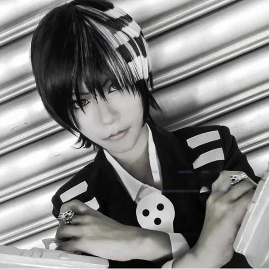 Perruque de cosplay Anime Soul Eater Death the Kid – Coiffure bicolore noir et blanc (Unisexe avec bonnet de perruque, accessoire Halloween/Carnaval)