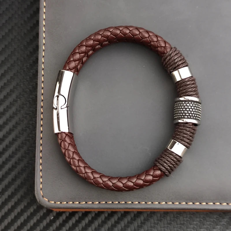 Luxury Vintage Leather Bracelet for Men – Multi-Layer Brown Leather & Stainless Steel Bead Wrist Bangle | Fashion Jewelry Gift