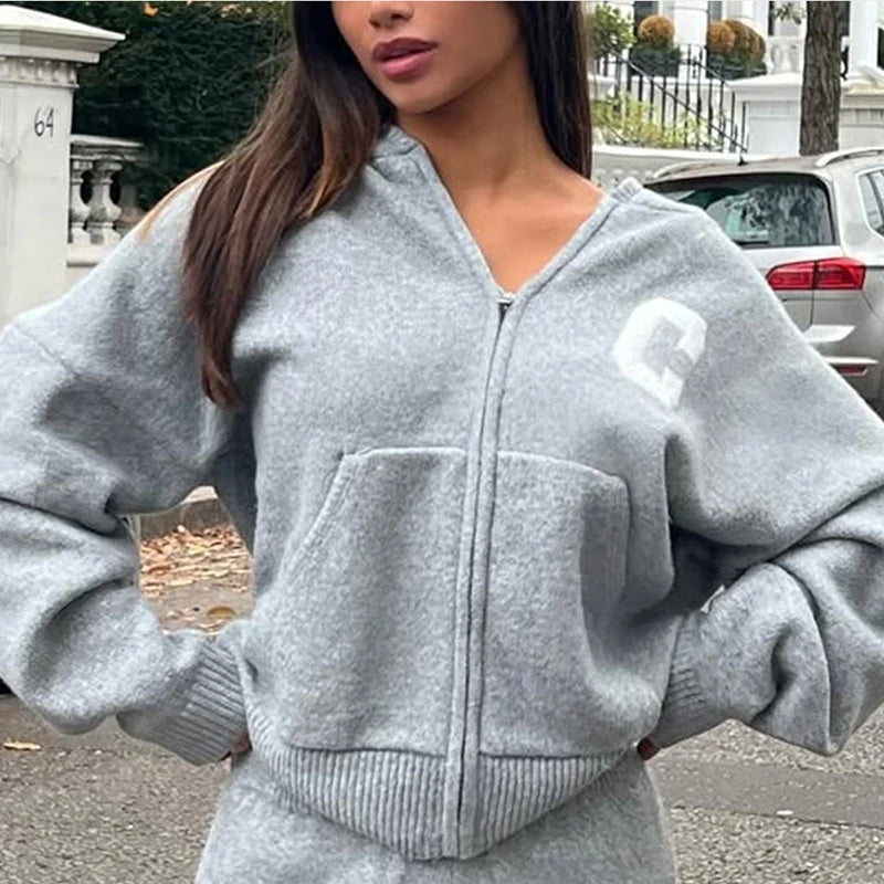 Women’s Hooded Knit Tracksuit 2-Piece Set – Casual Knitted Jacket & Pants Trousers, Cozy Two-Piece Outfit for Everyday Wear