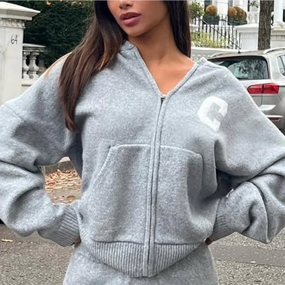 Women’s Hooded Knit Tracksuit 2-Piece Set – Casual Knitted Jacket & Pants Trousers, Cozy Two-Piece Outfit for Everyday Wear