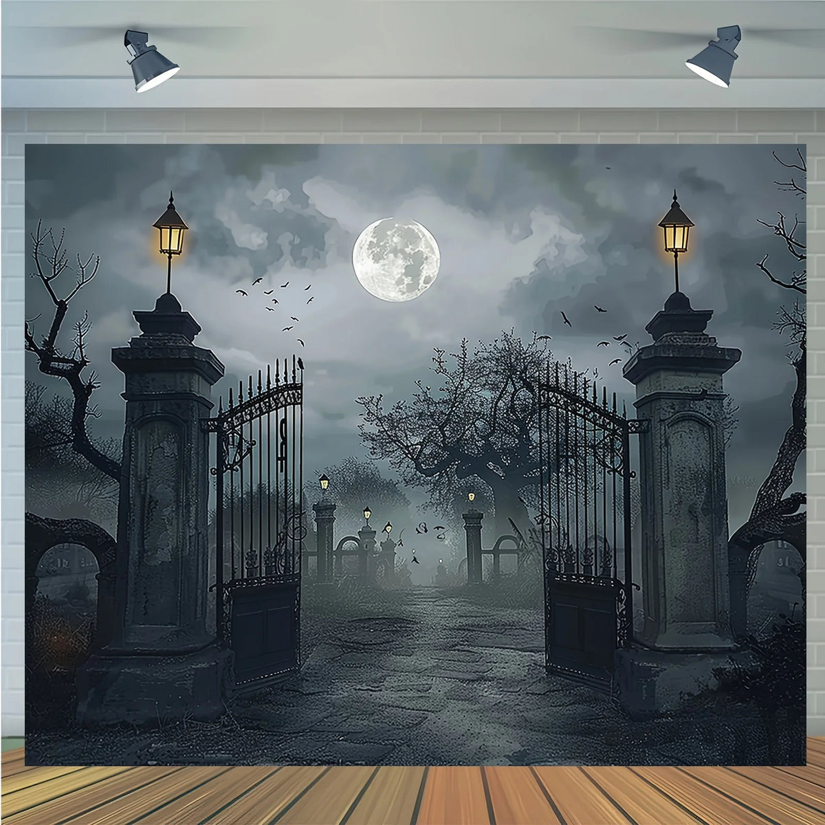 Halloween Background Banner, Spooky Ghost Cemetery Backdrop with Full Moon and Bare Trees, Horror Party Decorations for Halloween Photography and Photo Booths