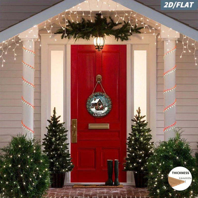 2D Wooden Christmas Wreath Sign – Embossed Santa Claus Sleigh Scene Door & Wall Decoration for Holiday Home Decor