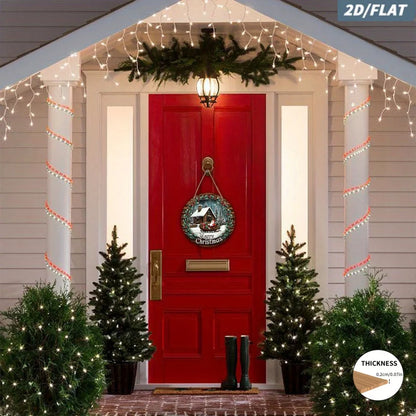 2D Wooden Christmas Wreath Sign – Embossed Santa Claus Sleigh Scene Door & Wall Decoration for Holiday Home Decor