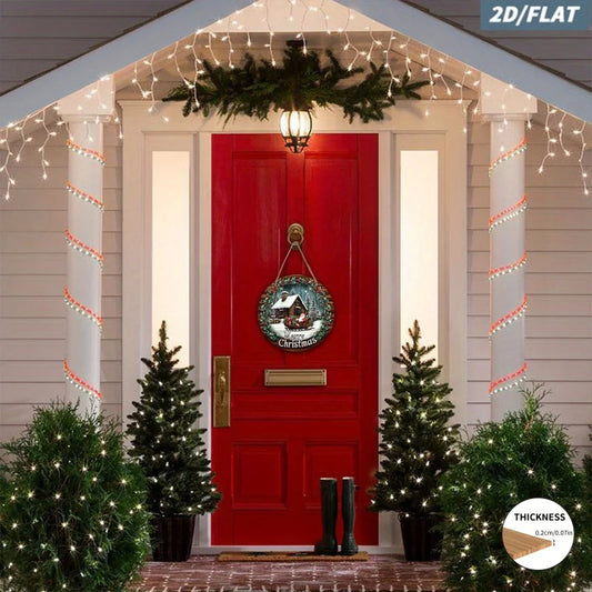2D Wooden Christmas Wreath Sign – Embossed Santa Claus Sleigh Scene Door & Wall Decoration for Holiday Home Decor