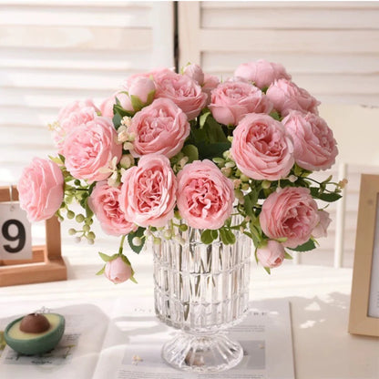 30cm Pink Silk Peony Rose Bouquet – Artificial Flower Arrangement with 5 Large Blooms & 4 Buds, Realistic Faux Floral Bouquet for Wedding, Bridal Décor, Home Decoration & DIY Crafts