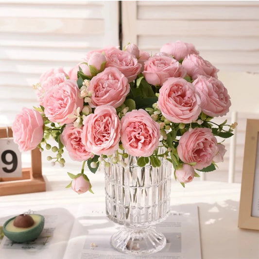 Ramo de peonías y rosas de seda rosa de 30 cm – Arreglo floral artificial con 5 flores grandes y 4 capullos, ramo floral sintético realista para bodas, decoración nupcial, decoración del hogar y manualidades