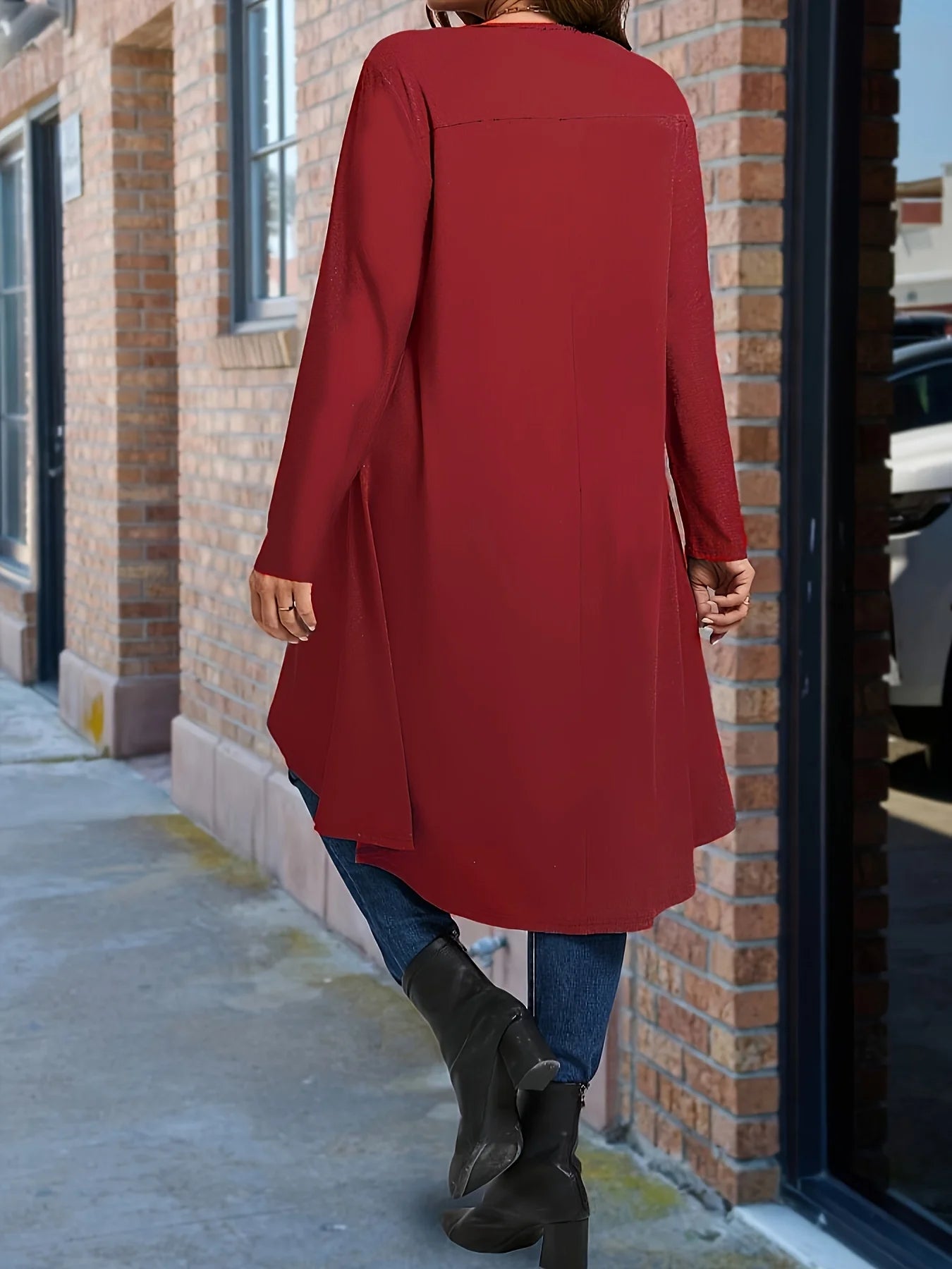 Plus Size Women's Asymmetrical Hem Long Sleeve Top – Elegant Round Neck Solid Color Casual Pullover Shirt