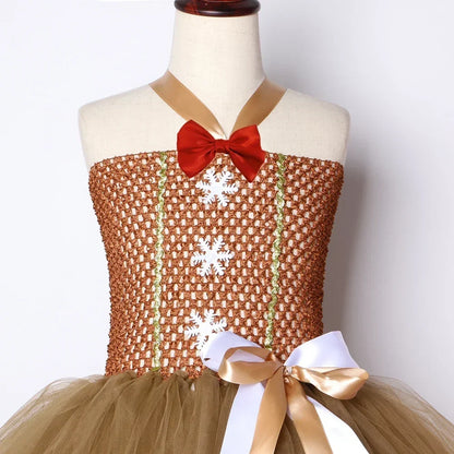 HJTT Girls' Gingerbread Man Christmas Costume Dress, Brown Tulle Tutu Outfit for Kids, Cute Xmas Carnival Party Dress-Up Clothes for Holiday Celebrations and Cosplay