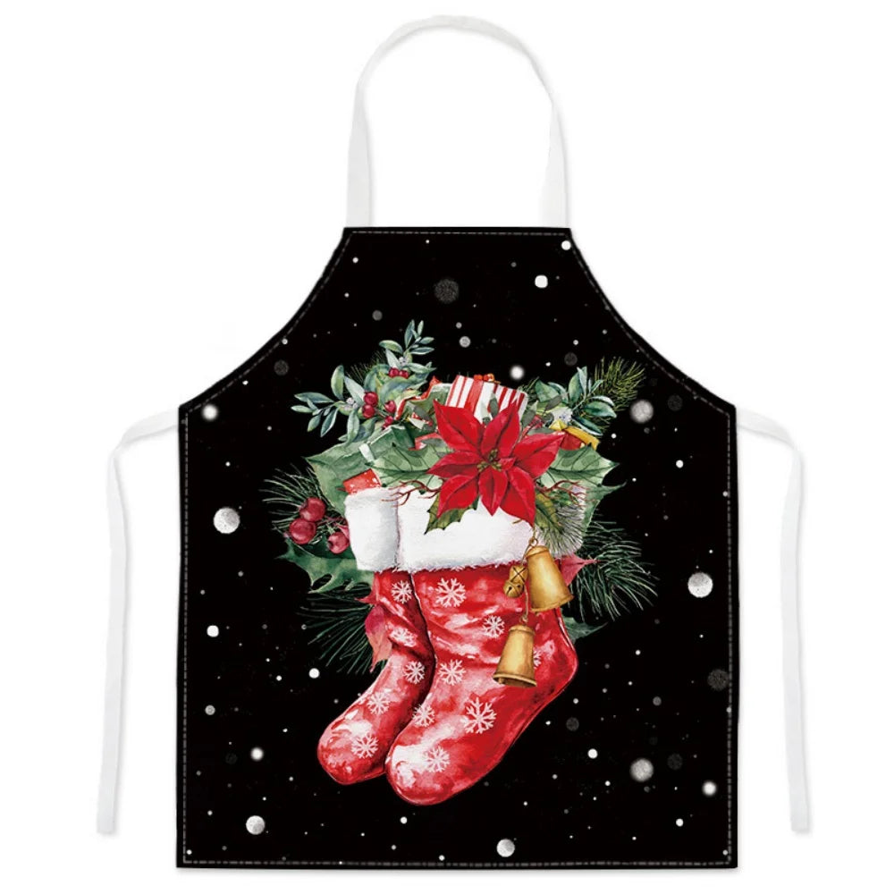 Christmas Cartoon Apron – Santa Claus, Deer & Xmas Tree Print Oil & Dustproof Parent-Child Apron for Kitchen, Baking & Cooking
