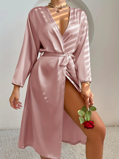 Women’s Satin Robe – Belted Elegant Solid Color Silky Comfort Bathrobe Loungewear