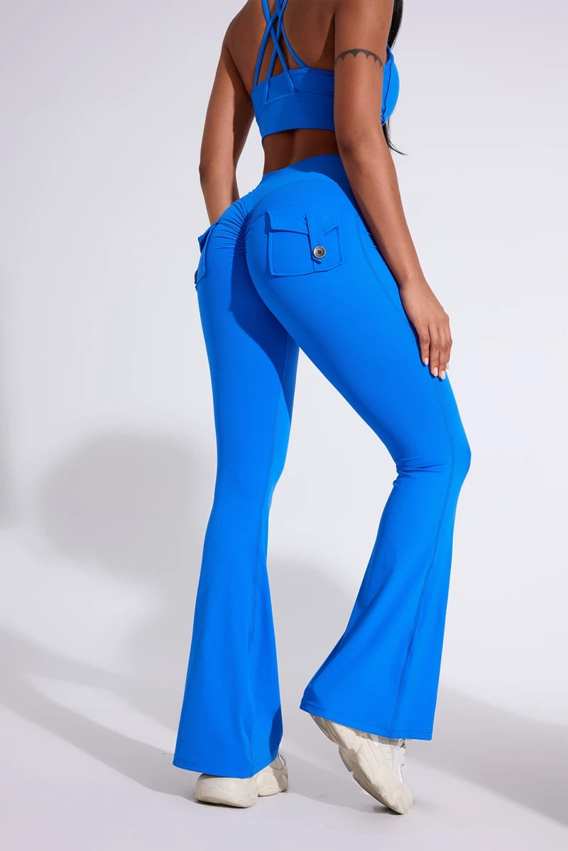 DIAS FIT JOY Pantalon de yoga évasé taille haute pour femme – Legging patte d'éléphant push-up avec poches, pantalon d'entraînement à séchage rapide pour la course, la gym, le fitness et l'exercice