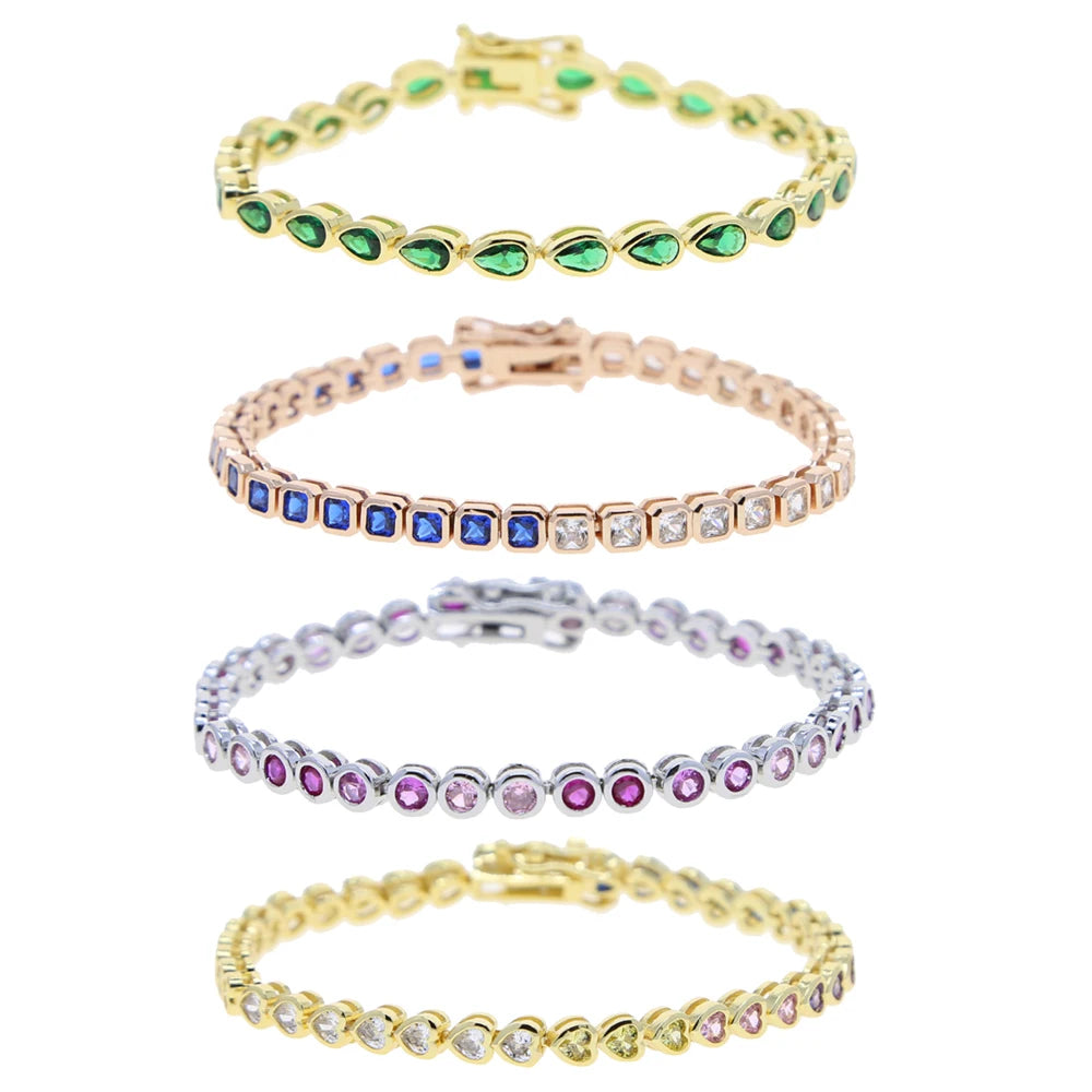 Pulsera de tenis 5A CZ – Pulsera geométrica de cristal de circonita cúbica con bisel para mujer | Joyería de moda clásica de lujo