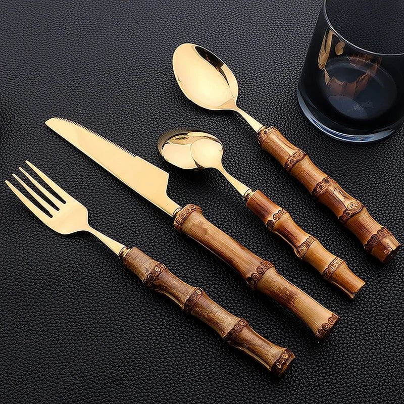 Ensemble de couverts 24 pièces avec manche en bambou – Ensemble de couverts en acier inoxydable avec manches en bois naturel, ustensiles de table pour cuisine, salle à manger, steak et dressages de table