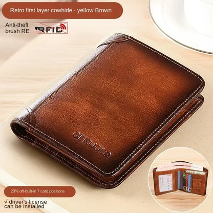 Men's Genuine Leather RFID Blocking Trifold Wallet Slim Vintage ID & Credit Card Holder