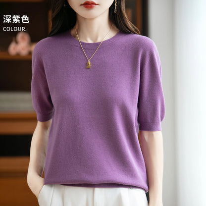 Women's 100% Wool Knitted Sweater – O-Neck Short-Sleeve Pullover, Warm Basic Casual Top for Fall & Winter, Available in 22 Colors