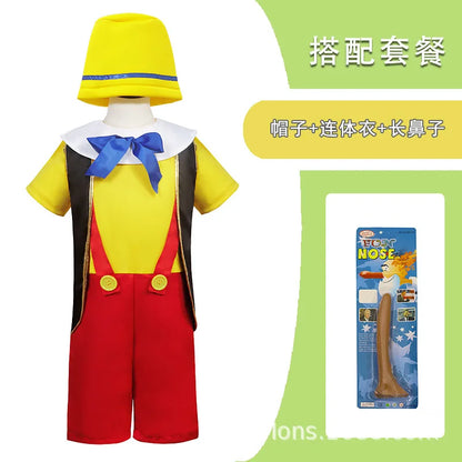 Pinocchio Cosplay Costume for Kids – Funny Cartoon Character Outfit with Nose for Boys & Girls Halloween, Birthday & Party Dress-Up
