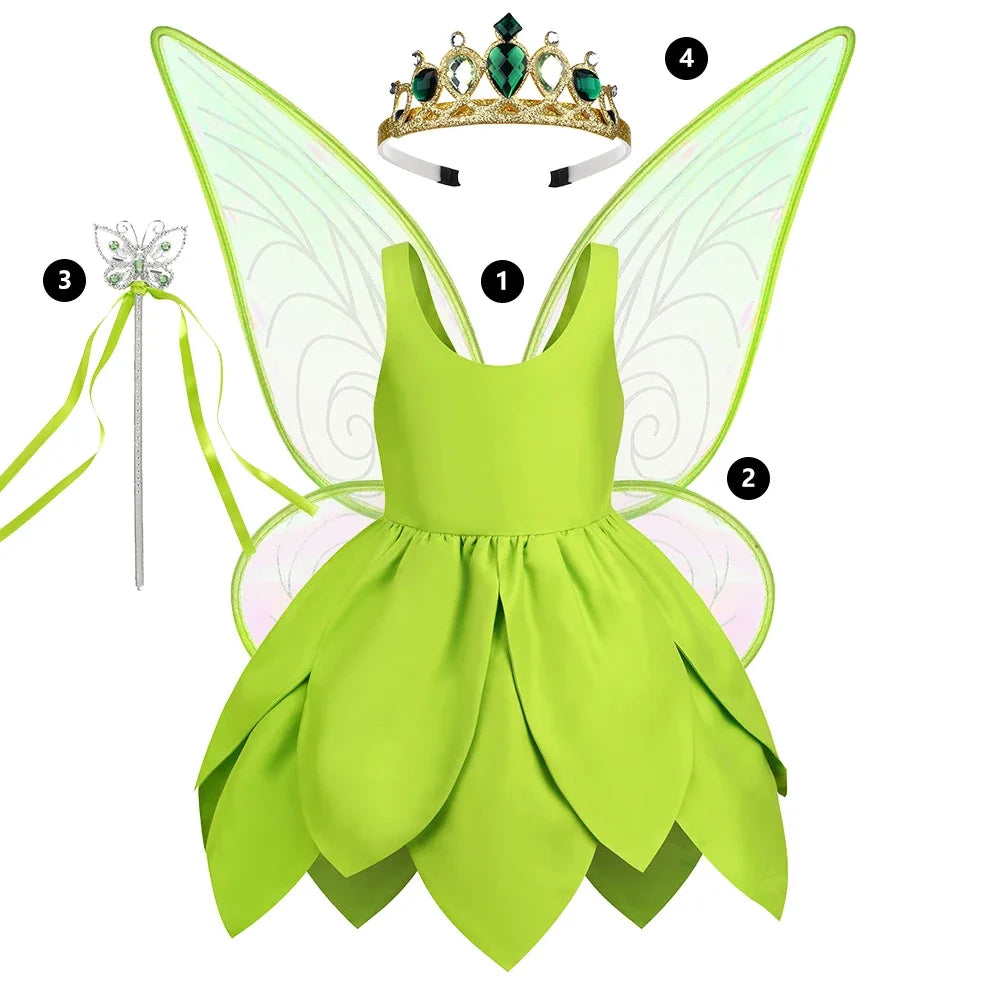 Girls Tinker Bell Costume – Green Fairy Princess Fancy Dress for Halloween, Birthday Parties & Cosplay, Ages 2–10Y