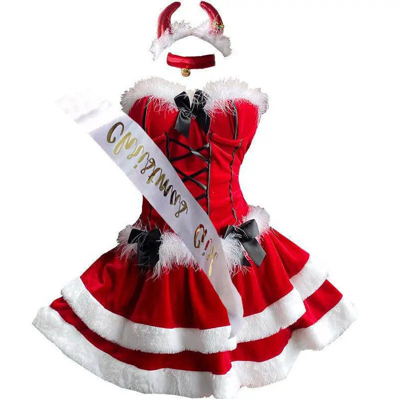 Women's Sexy Christmas Lolita Santa Costume, Red and White Short Skirt Dress, Elegant Santa Claus Cosplay Outfit for Christmas Parties, Holiday Events and Roleplay Garment
