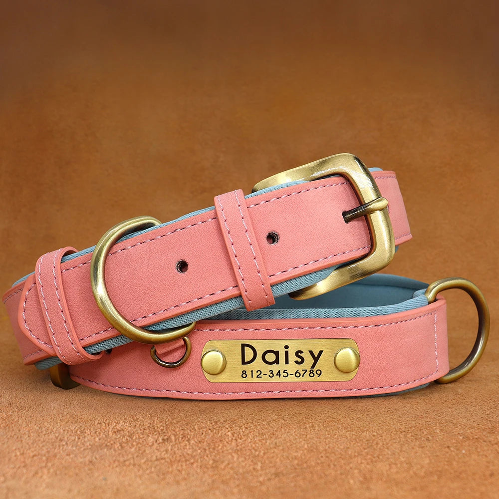Collar de perro de piel sintética personalizado con placa de identificación grabada gratuita – Collar ajustable suave acolchado para perros pequeños, medianos y grandes