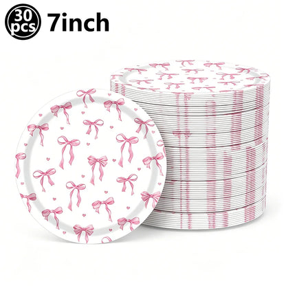 Kit de Fête d'Anniversaire Rose – Thème Princesse Bannière, Ballons Nœud, Pailles, Assiettes en Papier Jetables, Serviettes et Gobelets Vaisselle Décorations pour Fêtes d'Anniversaire de Filles