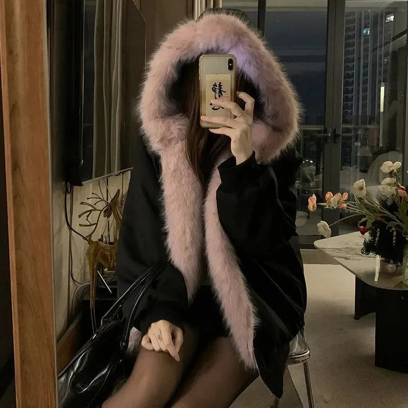 Women’s Double-Sided Faux Mink Fur Coat – Thick Plush Cotton-Padded Hooded Jacket, Loose-Fit Warm Outerwear for Autumn & Winter