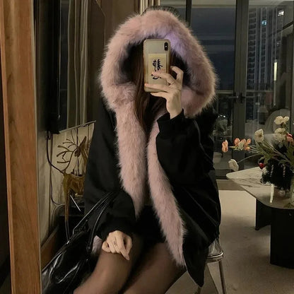 Women’s Double-Sided Faux Mink Fur Coat – Thick Plush Cotton-Padded Hooded Jacket, Loose-Fit Warm Outerwear for Autumn & Winter