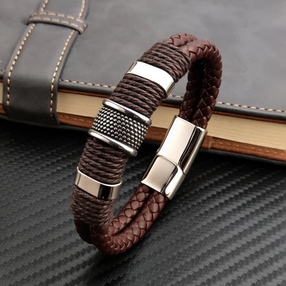 Luxury Vintage Leather Bracelet for Men – Multi-Layer Brown Leather & Stainless Steel Bead Wrist Bangle | Fashion Jewelry Gift