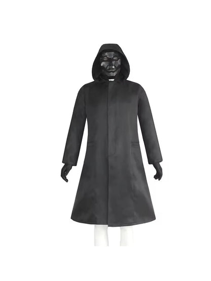 Korean Drama Game Inspired Cosplay Costume – Black Jumpsuit with Gloves, Triangle Mask Disguise & Medieval Coat Outfit for Carnival, Halloween & Party Roleplay