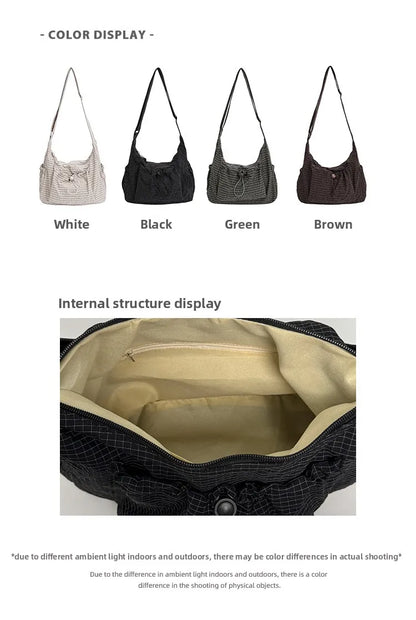 Bolso de hombro de nailon estilo coreano – Bolso tote sencillo a cuadros con cremallera y diseño de nube plisada con cordón ajustable, bandolera de moda para mujer, bolso de mano casual para el día a día