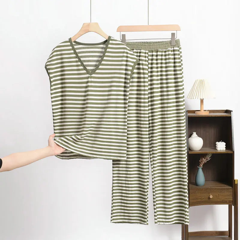 XL-8XL Plus Size Modal Pajama Set – 2PCS Short-Sleeve Striped T-Shirt & Pants, Lightweight Summer Loungewear for Home & Sleep