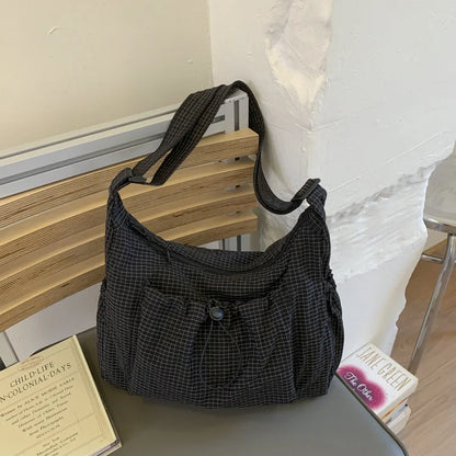 Bolso de hombro de nailon estilo coreano – Bolso tote sencillo a cuadros con cremallera y diseño de nube plisada con cordón ajustable, bandolera de moda para mujer, bolso de mano casual para el día a día