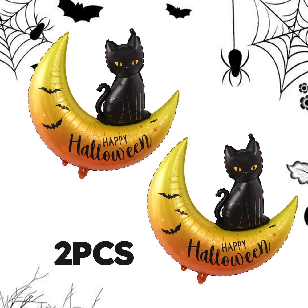 2PCS Black Cat Moon Halloween Foil Balloons – Happy Halloween Aluminum Mylar Balloons for Party Decorations, Favors & Gifts