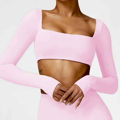 Women’s Square Neck Sports Crop Top – Long Sleeve Quick-Dry Gym Yoga Fitness Activewear