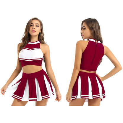 Women’s Cheerleader Cosplay Costume – Uniform Set (Crop Top + Mini Pleated Skirt, Carnival Outfit)