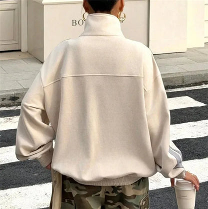 Women’s Chinese Frog-Button Jacket – Retro Oversized Stand Collar Track Coat with Striped Sleeves, Zip-Up Closure & Casual Streetwear Style