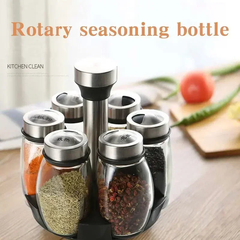 6-in-1 Glass Spice Jar Set with Rotating Rack – Seasoning Organizer with Salt, Pepper, Sugar & Spice Bottles for Kitchen Storage