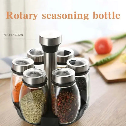 6-in-1 Glass Spice Jar Set with Rotating Rack – Seasoning Organizer with Salt, Pepper, Sugar & Spice Bottles for Kitchen Storage