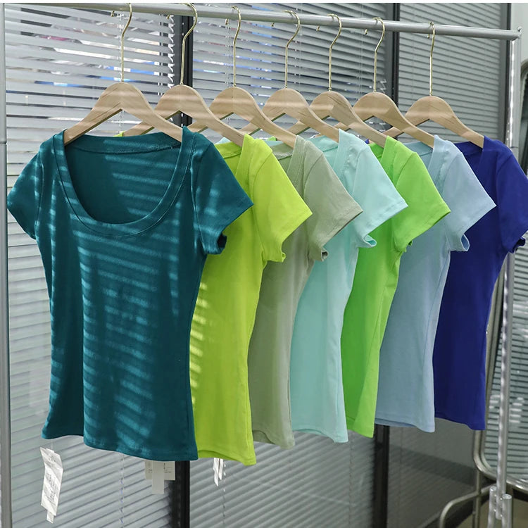 2026 Summer Women’s 100% Cotton Slim T-Shirt Casual Basic O-Neck Solid Korean Style Tee 16 Colors