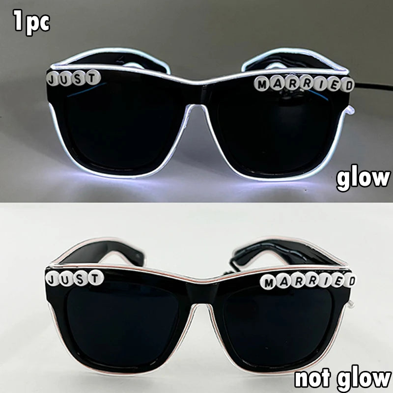 Just Married LED Heart Glasses – Light-Up EL Neon Glasses for Weddings, Engagements & Bridal Showers