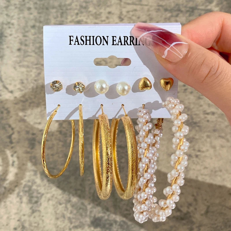 Boucles d'oreilles créoles dorées grand cercle pour femmes, ensemble bohème vintage, perle, cœur, zircon, clous, bijoux cadeau