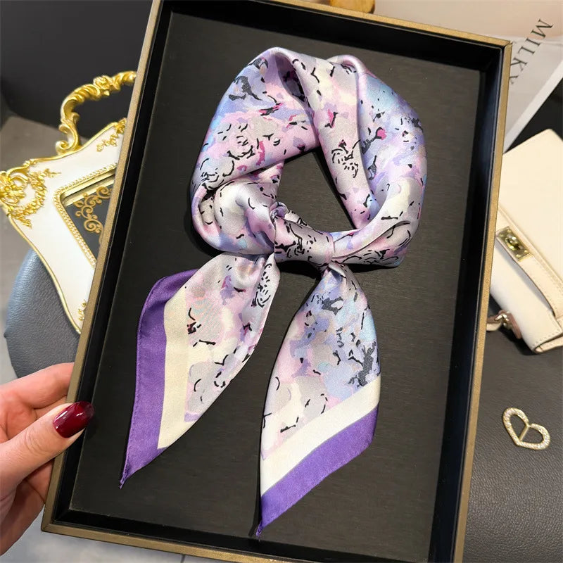 2024 Lujosa Bufanda Cuadrada de Seda de 70cm para Mujer con Estampado Floral, Pañuelo de Diseñador, Fular, Chal, Hiyab, Diadema, Lazos