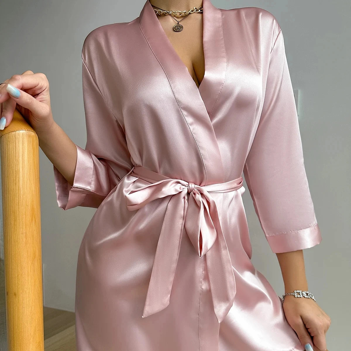 Women’s Summer Ice Silk Robe – Sexy Lace-Up Bathrobe Morning Gown Home Dress Loungewear