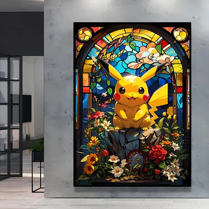 Pokémon Bulbasaur & Pikachu Canvas Wall Art – Bright Garden Themed Cartoon Home Living Room Decor